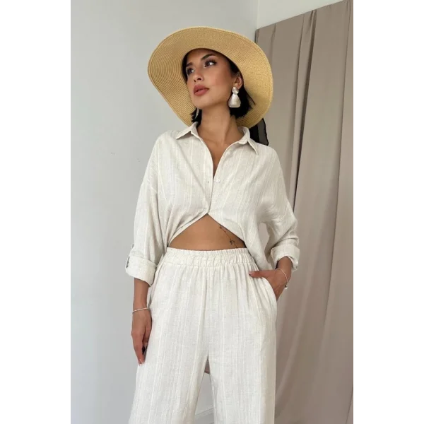 Bej Jakar Petek Gömlek Ve Pantolon Takım