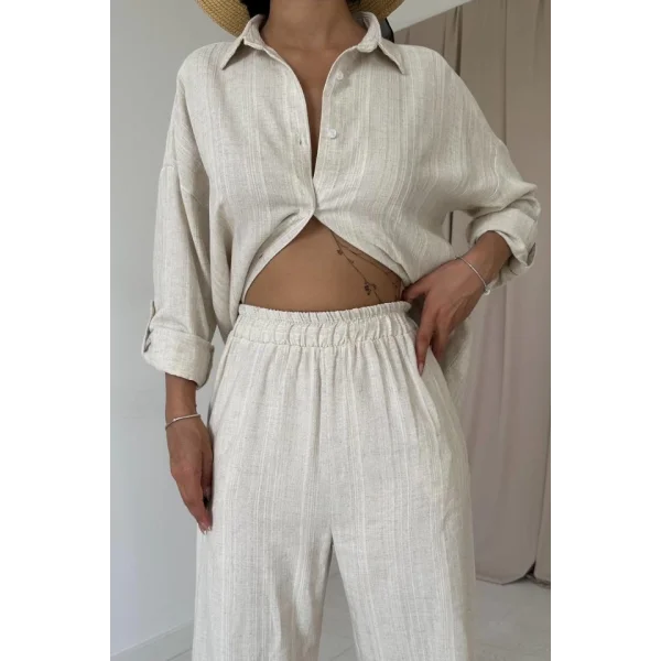 Bej Jakar Petek Gömlek Ve Pantolon Takım