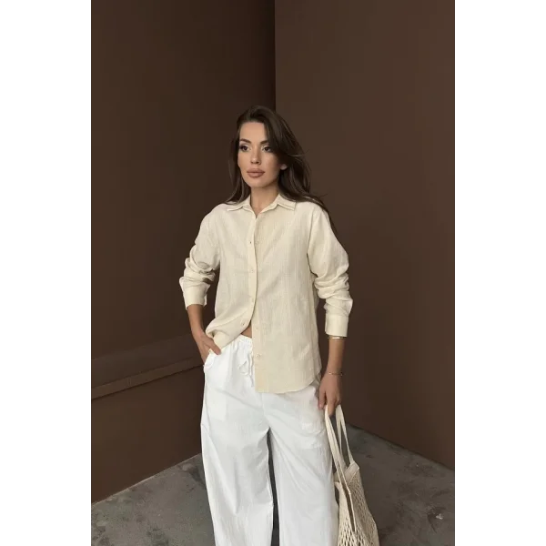 Bej Jakarlı Keten Gömlek