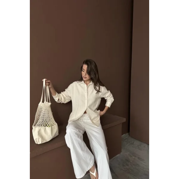 Bej Jakarlı Keten Gömlek