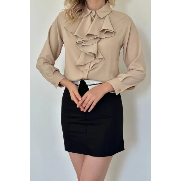 Bej Jesica Volanlı Taş Düğme Detaylı Gömlek
