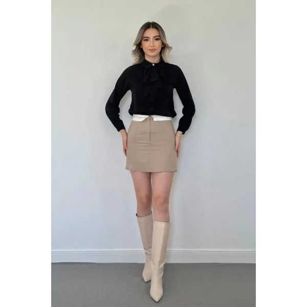 Bej Kemeri Bilyeli Mini Etek