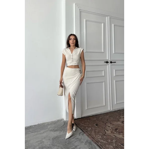 Bej Keten Gömlek Ve Etek Takım