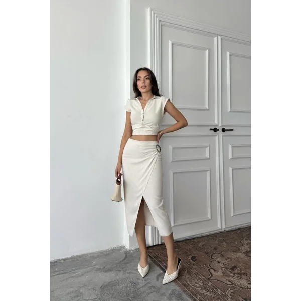 Bej Keten Gömlek Ve Etek Takım