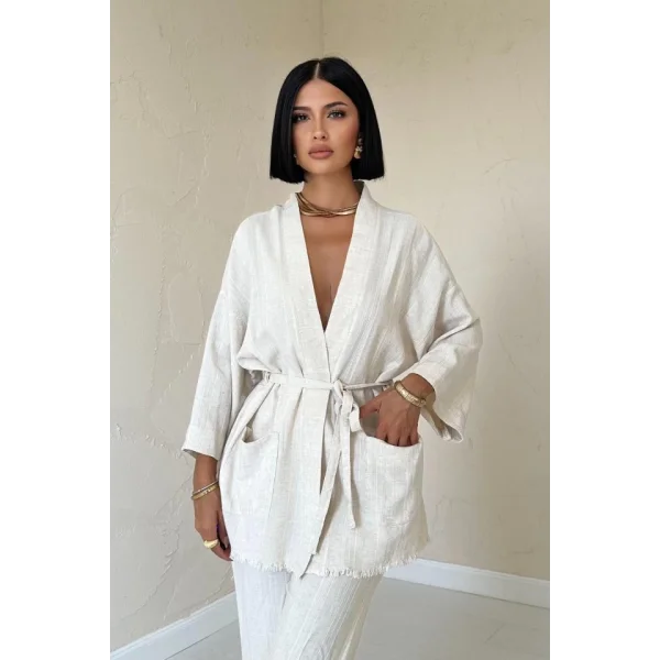 Bej Kimono Ve Pantolon Takım