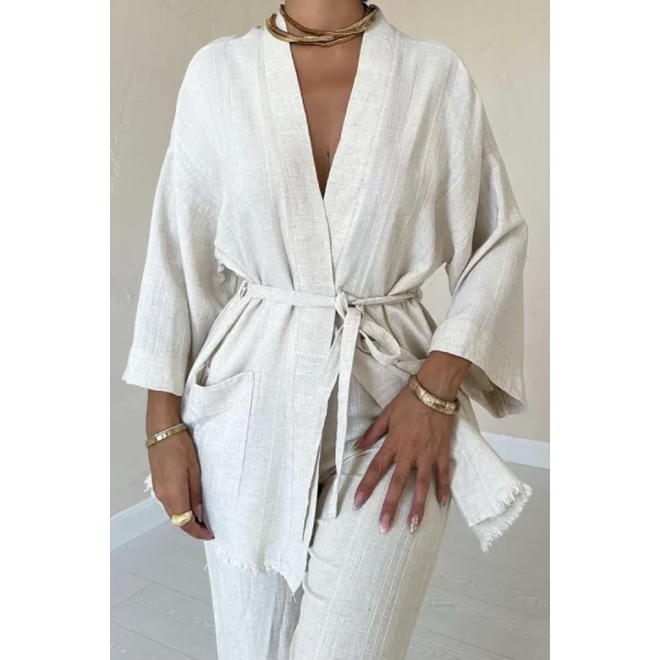 Bej Kimono Ve Pantolon Takım