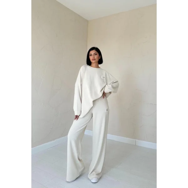 Bej Klasik Fitilli Kazak Ve Pantolon Takım