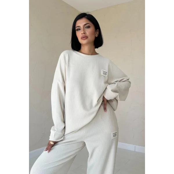 Bej Klasik Fitilli Kazak Ve Pantolon Takım