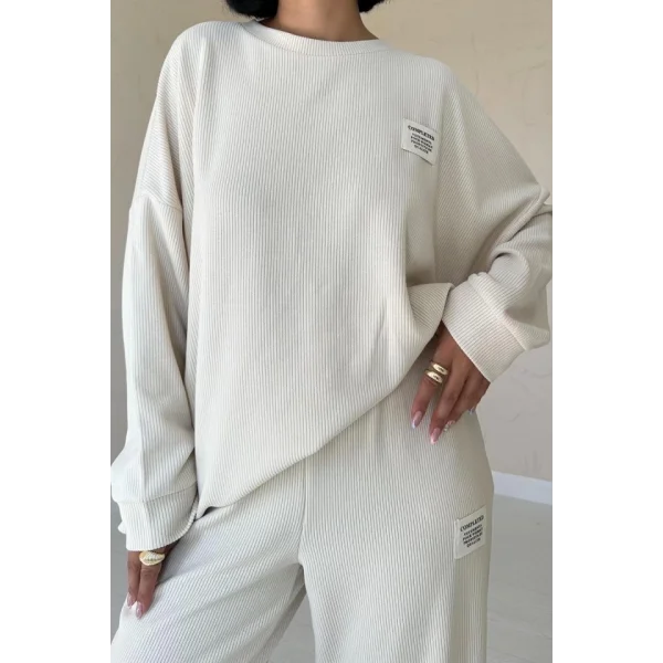 Bej Klasik Fitilli Kazak Ve Pantolon Takım