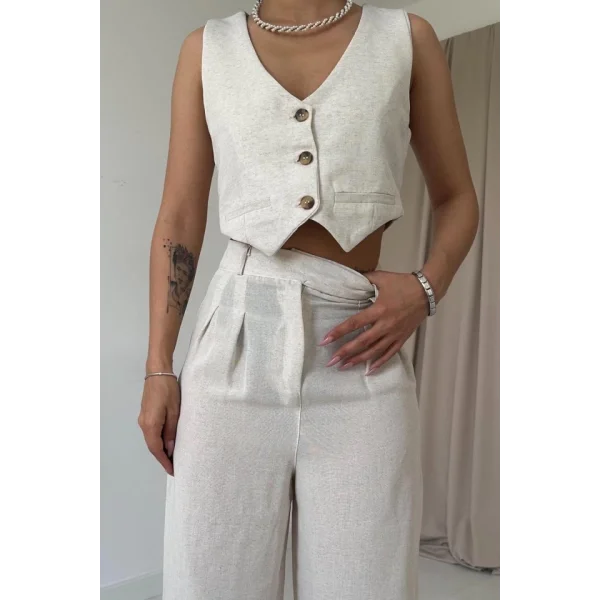 Bej Önü Düğmeli Yelek Ve Pantolon Takım