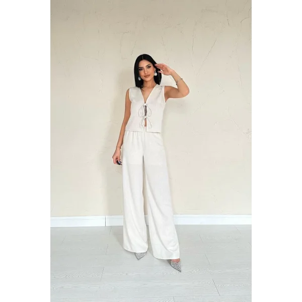 Bej Önü Fiyonklu Keten Takım