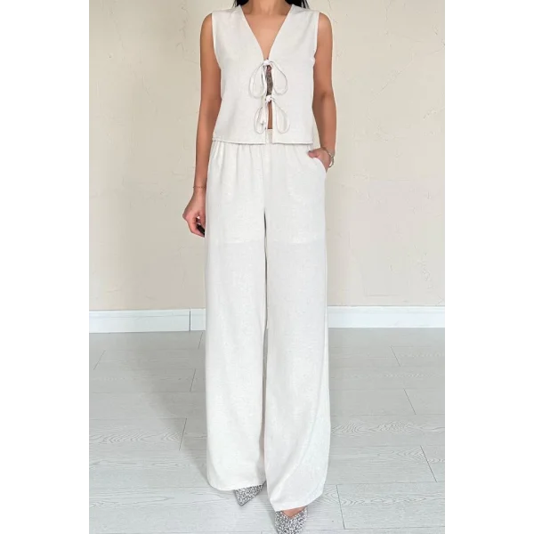 Bej Önü Fiyonklu Keten Takım