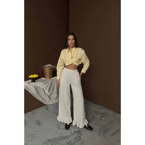 Bej Paçası Fırfırlı Keten Pantolon