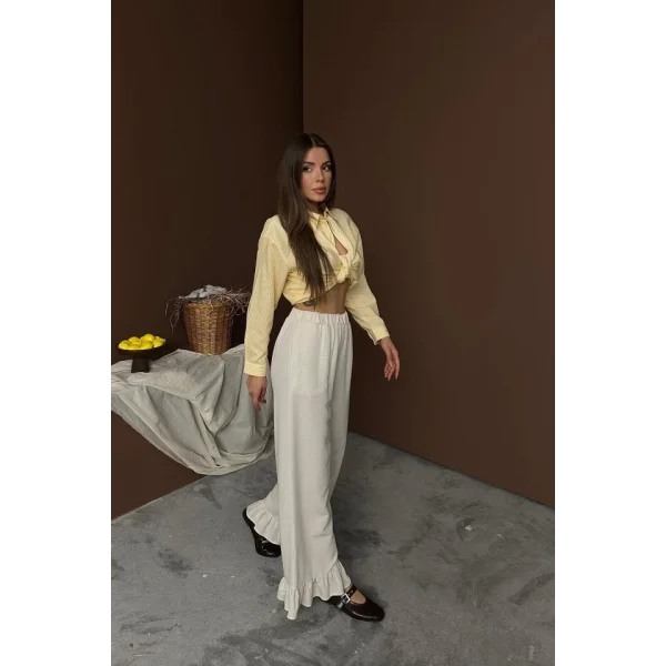 Bej Paçası Fırfırlı Keten Pantolon