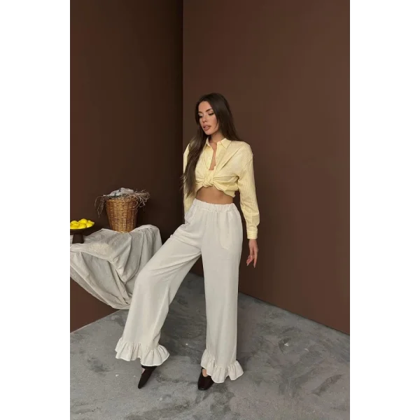 Bej Paçası Fırfırlı Keten Pantolon