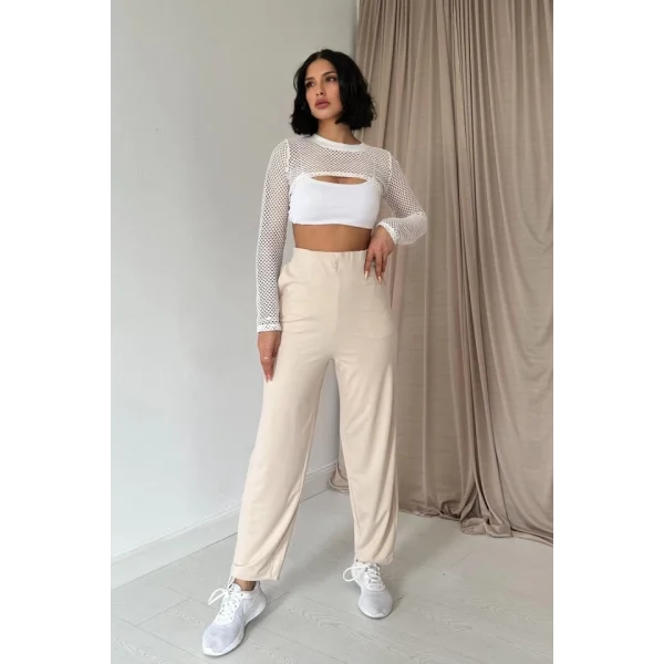 Bej Pensli Lastik Detaylı Pantolon