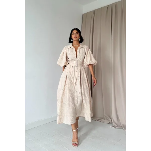 Bej Pileli Balkon Elbise