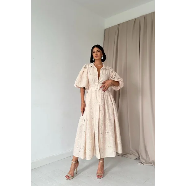 Bej Pileli Balkon Elbise