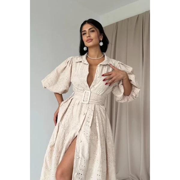 Bej Pileli Balkon Elbise