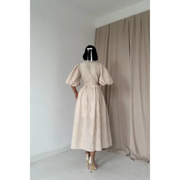 Bej Pileli Balkon Elbise