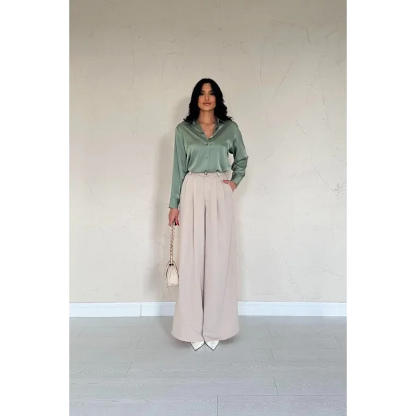 Bej Pileli Comfort Pantolon