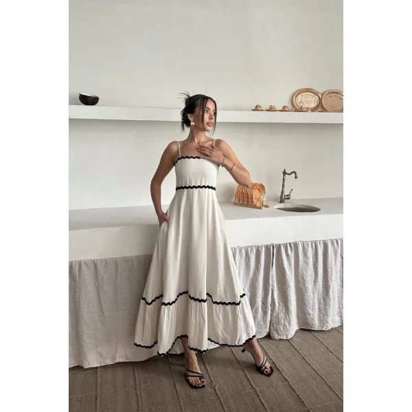 Bej Şerit Detay Keten Elbise