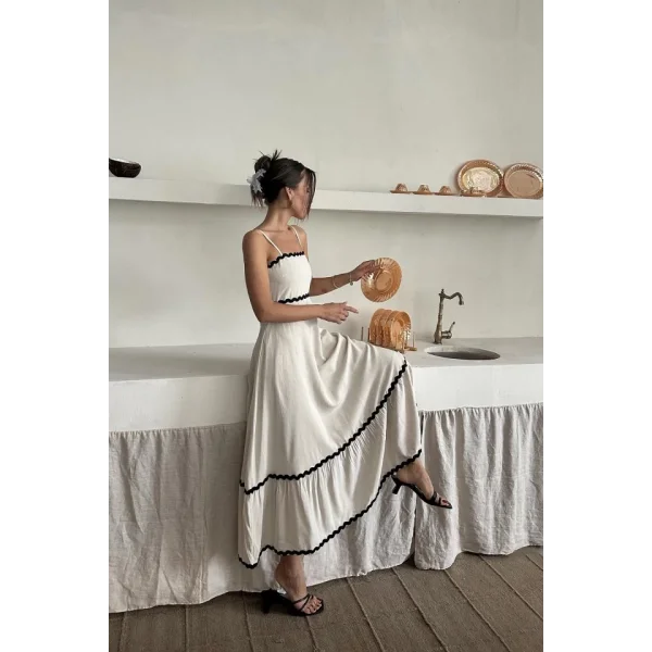 Bej Şerit Detay Keten Elbise