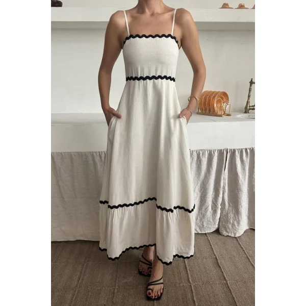 Bej Şerit Detay Keten Elbise