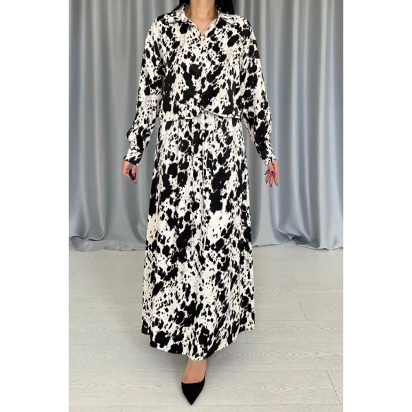 Bej Siyah Desenli Viskon Takım