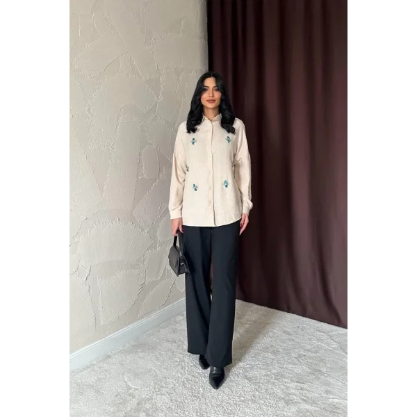 Bej Taş İşlemeli Gömlek
