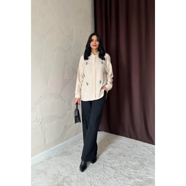 Bej Taş İşlemeli Gömlek