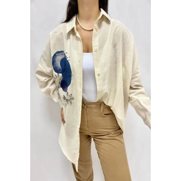 Bej Taş İşlemeli Keten Gömlek