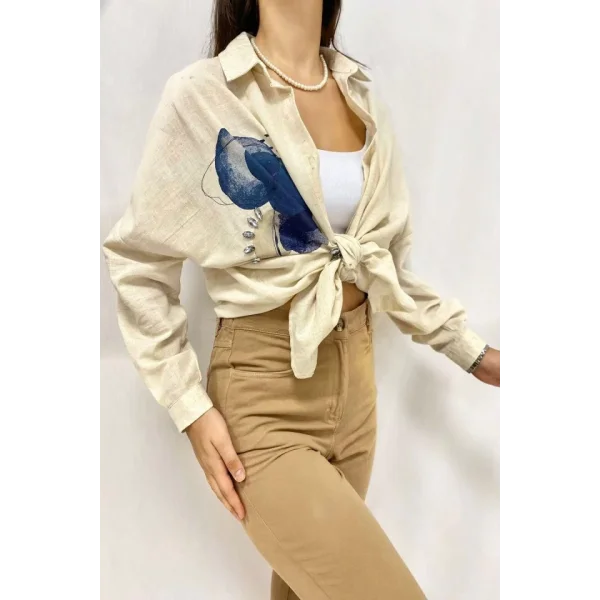 Bej Taş İşlemeli Keten Gömlek