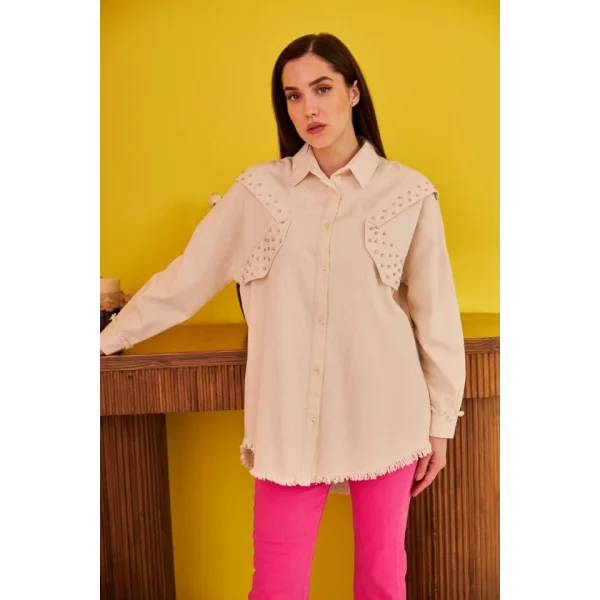 Bej Taş İşlemeli Tasarım Gömlek