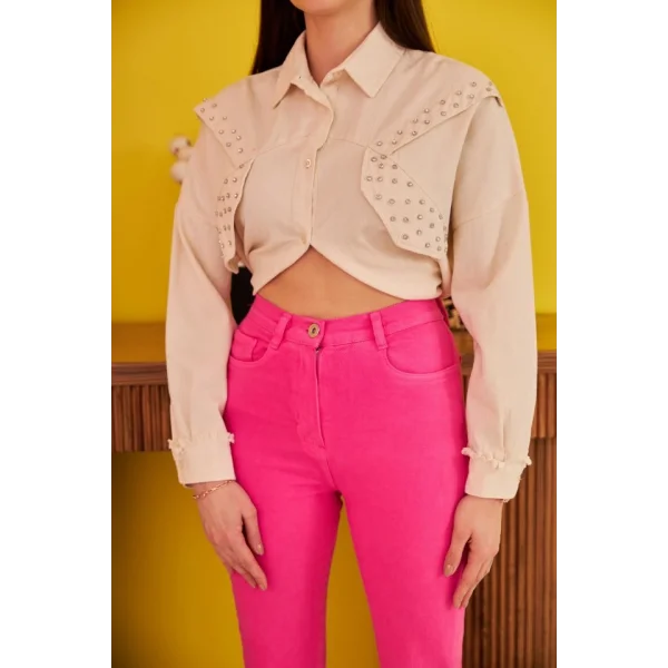 Bej Taş İşlemeli Tasarım Gömlek