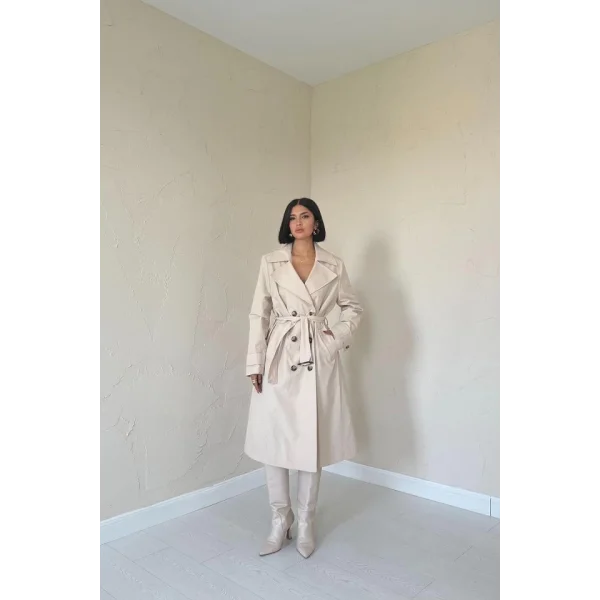 Bej Uzun Kemerli Trençkot