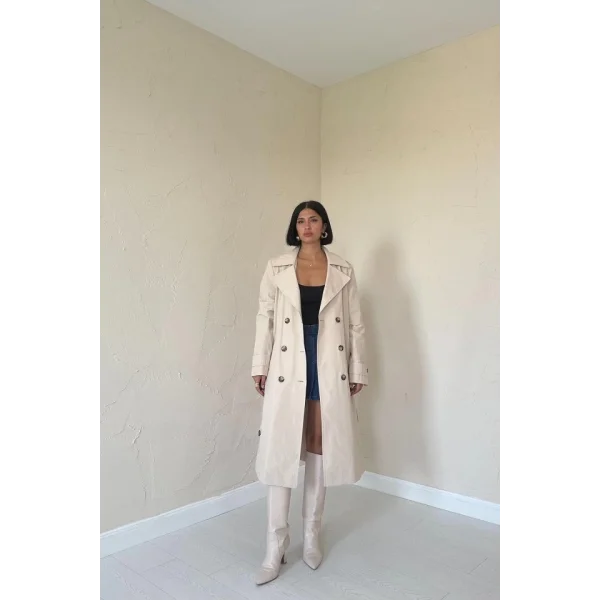 Bej Uzun Kemerli Trençkot