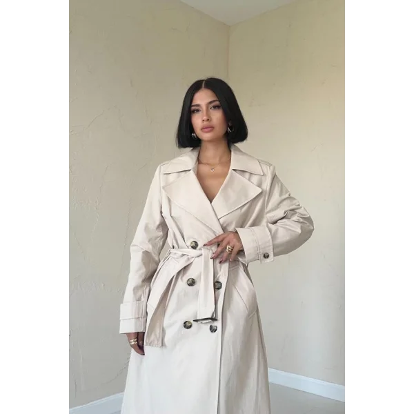 Bej Uzun Kemerli Trençkot