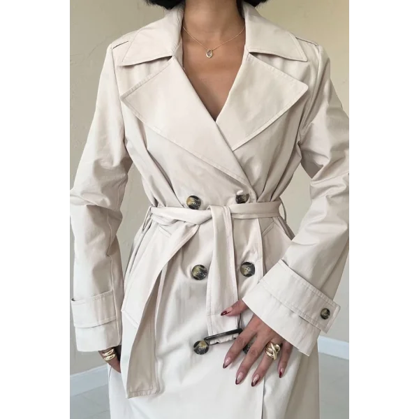 Bej Uzun Kemerli Trençkot