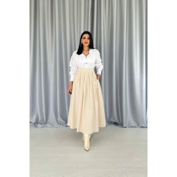 Bej Uzun Pileli Etek