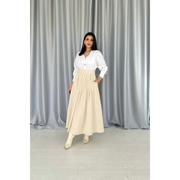 Bej Uzun Pileli Etek