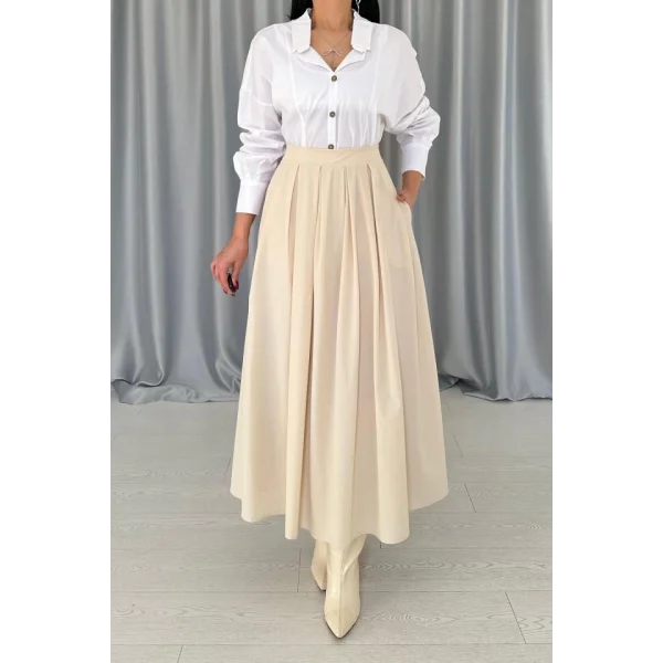 Bej Uzun Pileli Etek