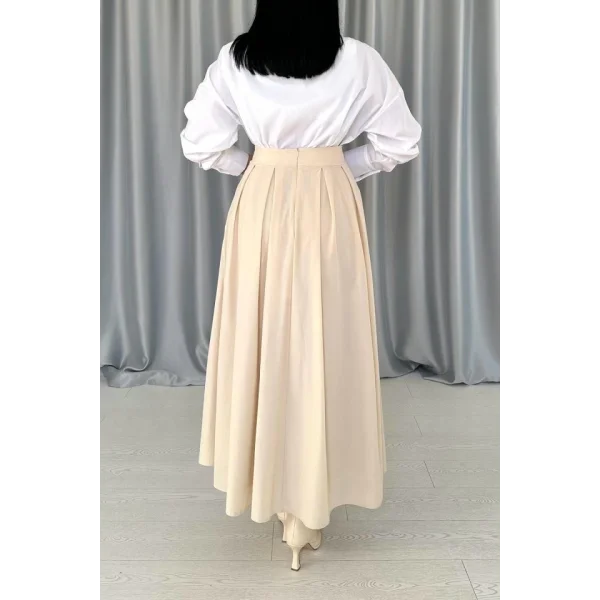 Bej Uzun Pileli Etek