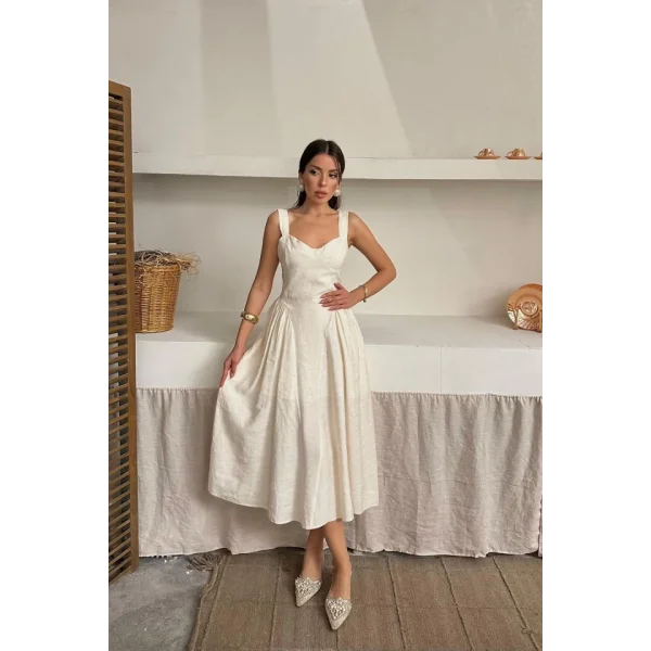 Bej Yanları Büzgülü Göğüs Kuplu Elbise