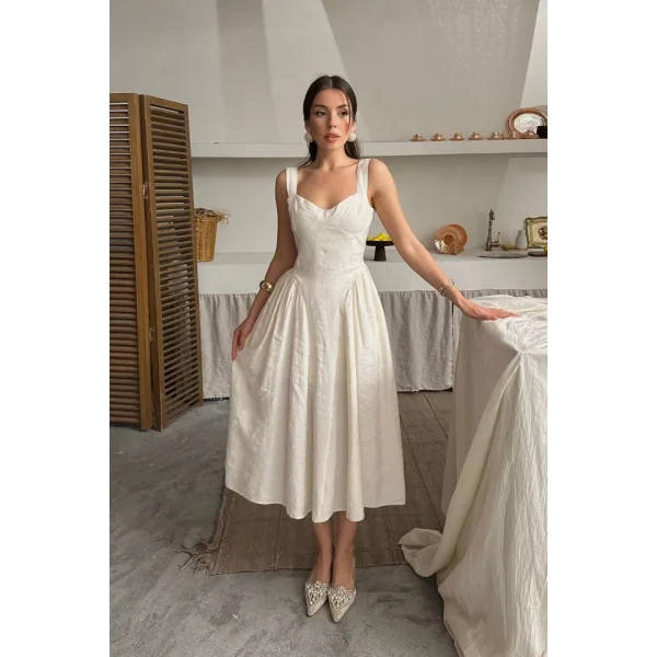 Bej Yanları Büzgülü Göğüs Kuplu Elbise