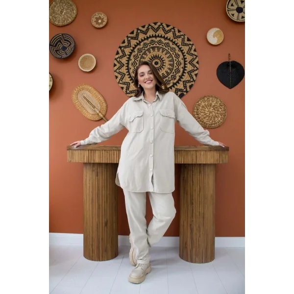 Bej Yıkamalı Gömlek Ve Pantolon Takım