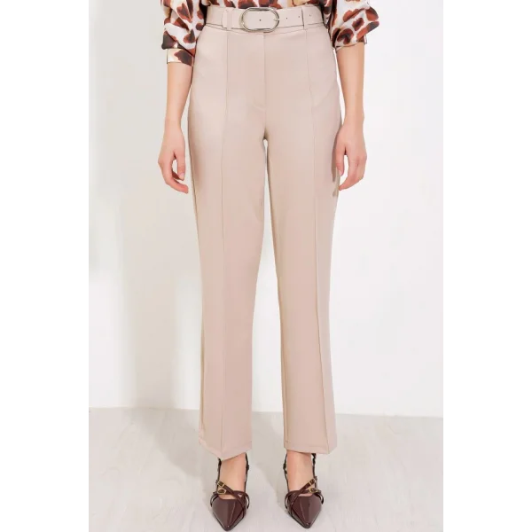 Bej Yüksek Bel Kumaş Pantolon 6584