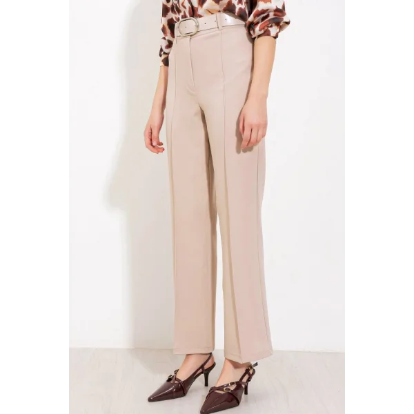 Bej Yüksek Bel Kumaş Pantolon 6584