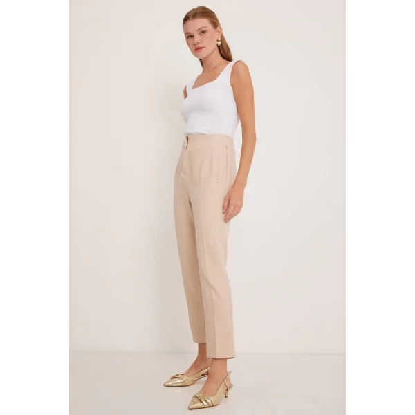 Bej Yüksek Bel Kumaş Pantolon 6650