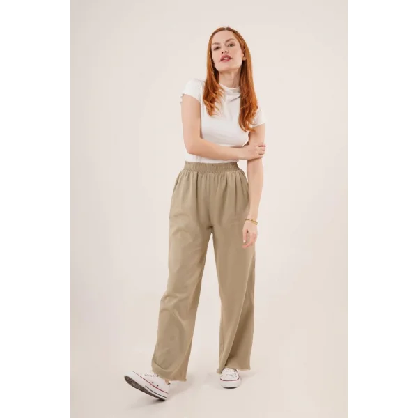 Bel astikli Paça Detaylı Cepli Haki Pantolon